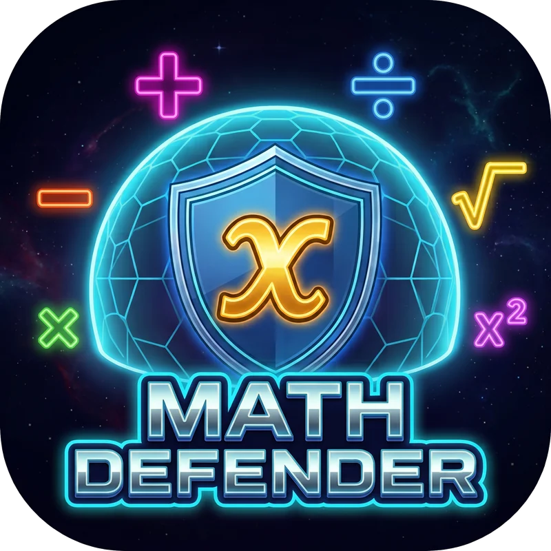 Math Defender logo: a glowing dome shield with a golden x, surrounded by math symbols
